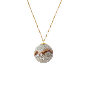 Detail view of Celestial Crazy Lace Agate Sphere Necklace by Jacqueline Cullen.