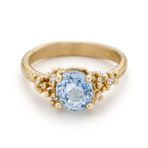 Front-facing view of Sapphire and Diamond Ring with Granules by Ruth Thomlinson