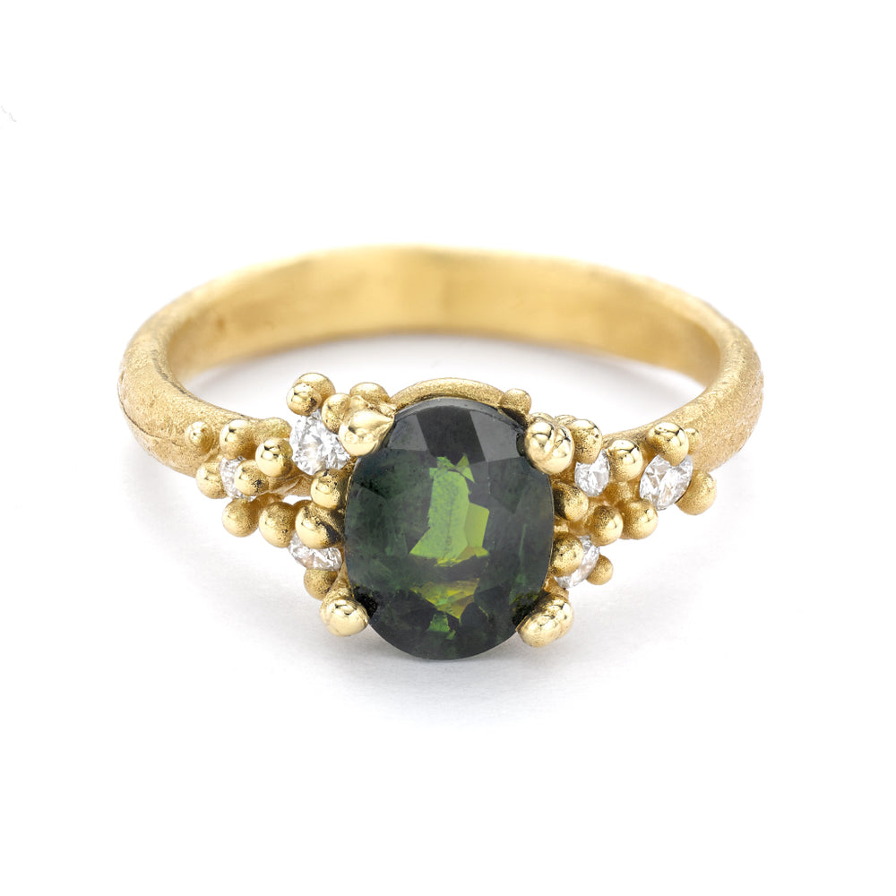 Green Sapphire and Diamond Ring with Granules