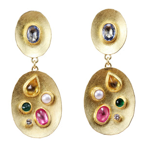 Front-facing view of Multicolored Gemstone Bowl Earrings by Petra Class