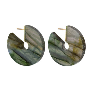 Side-angle view of Celestial Labradorite Hoops by Jacqueline Cullen.