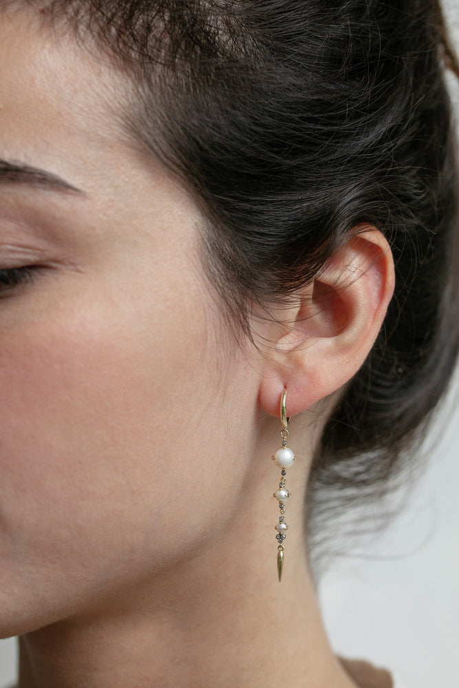 Detail view of model wearing Tilde Earrings by 5 Octobre