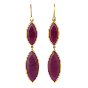 Front-facing view of Double Ruby Drop Earrings by Lola Brooks