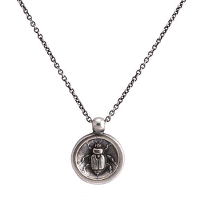 Detail view of Sterling Silver Scarab Necklace by Betsy Barron