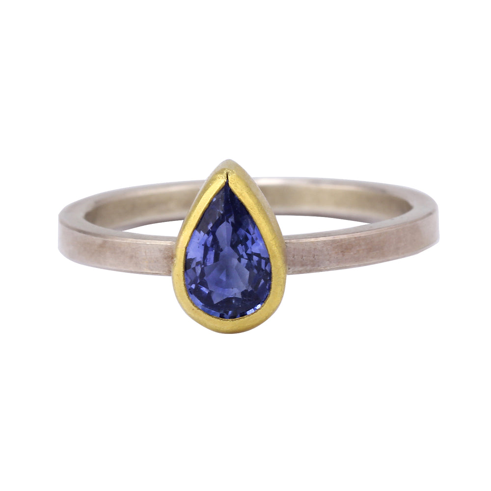 Front View of Blue Sapphire Drop Ring by Sam Woehrmann