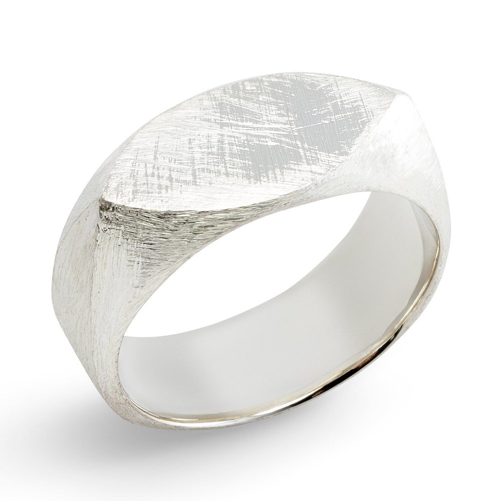 Angled view of JB ring in sterling silver by Betsy Barron