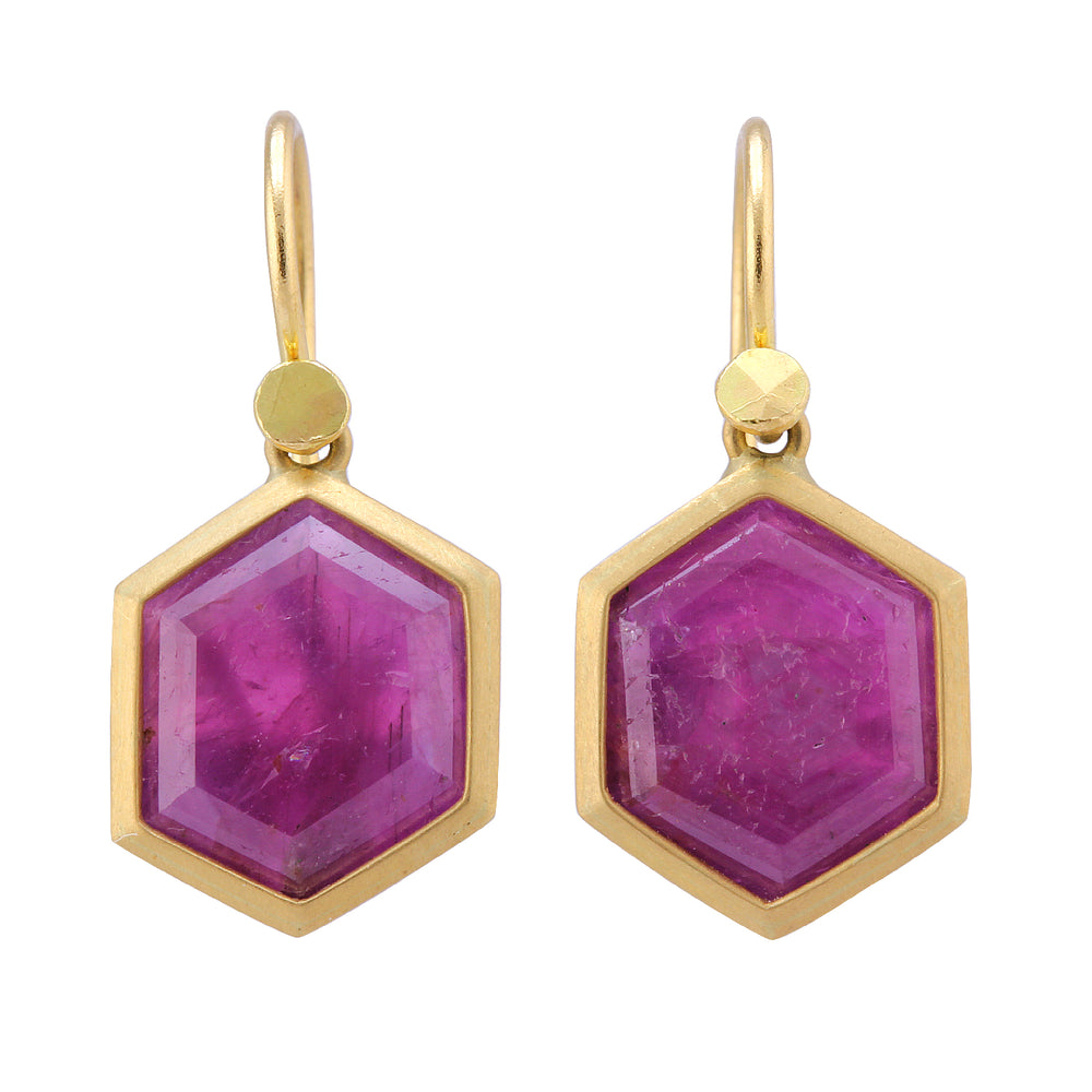 Front-facing view of Natural Hexy Ruby Crystal Drop Earrings by Lola Brooks. 