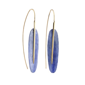 Angled view of Large Feather Earrings with Kyanite by Rachel Atherley