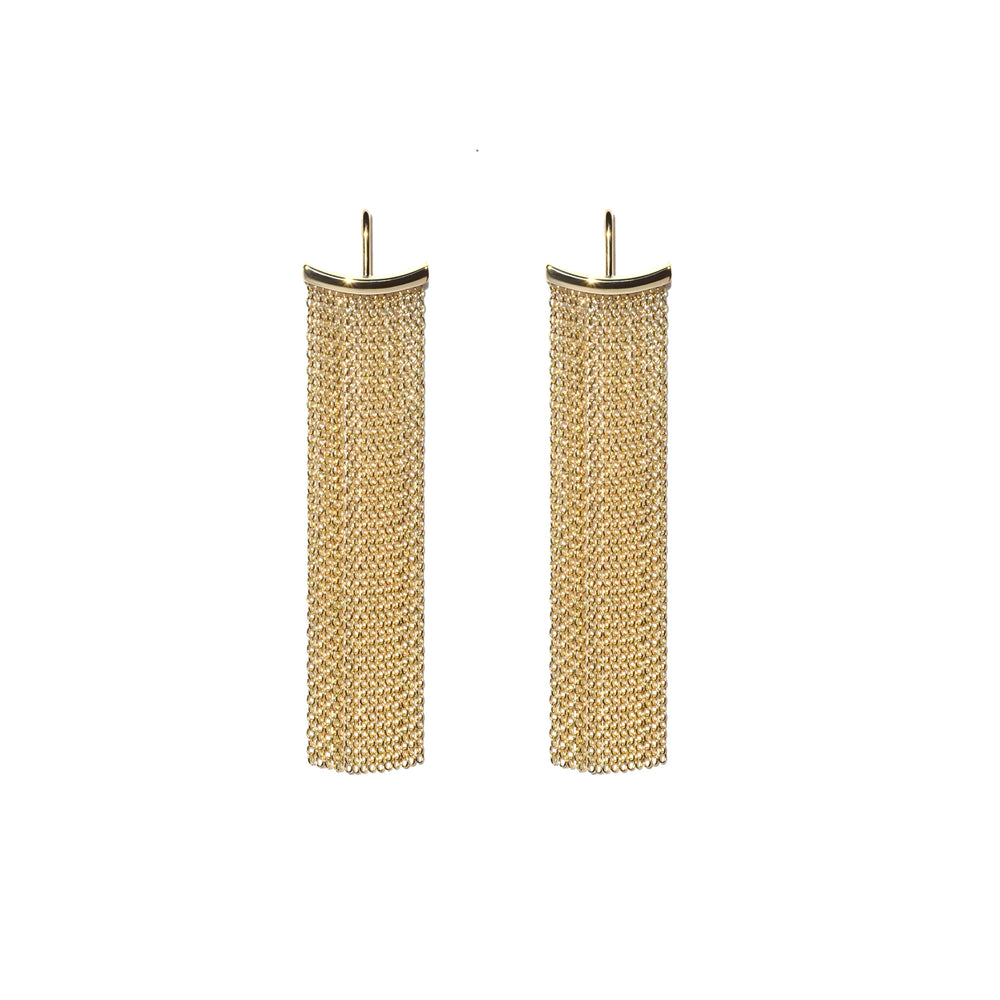 Front-facing view of Fringe Gold Curved Earrings by Andrea Blais.