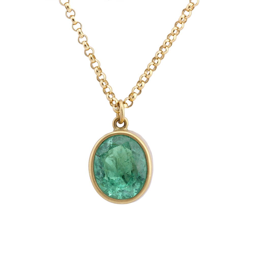 Detail view of Oval Columbian Emerald necklace by Lola Brooks
