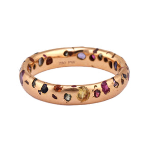 Angled front view of Confetti Ring - Narrow Rainbow - rose gold - by Polly Wales