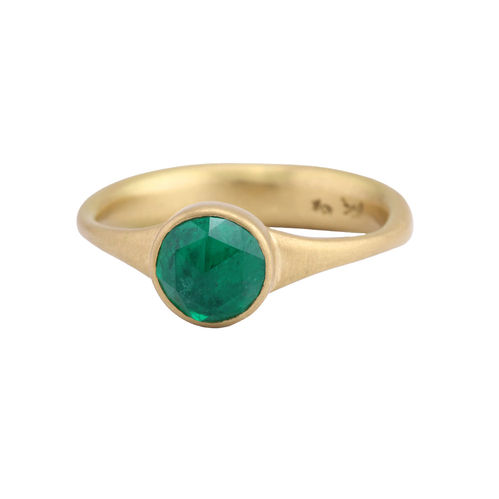 Angled view of Round Rose Cut Colombian Emerald Ring by Lola Brooks