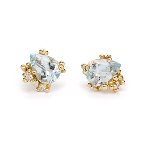Front-facing view of Aquamarine and Diamond Encrusted Stud Earrings by Ruth Tomlinson
