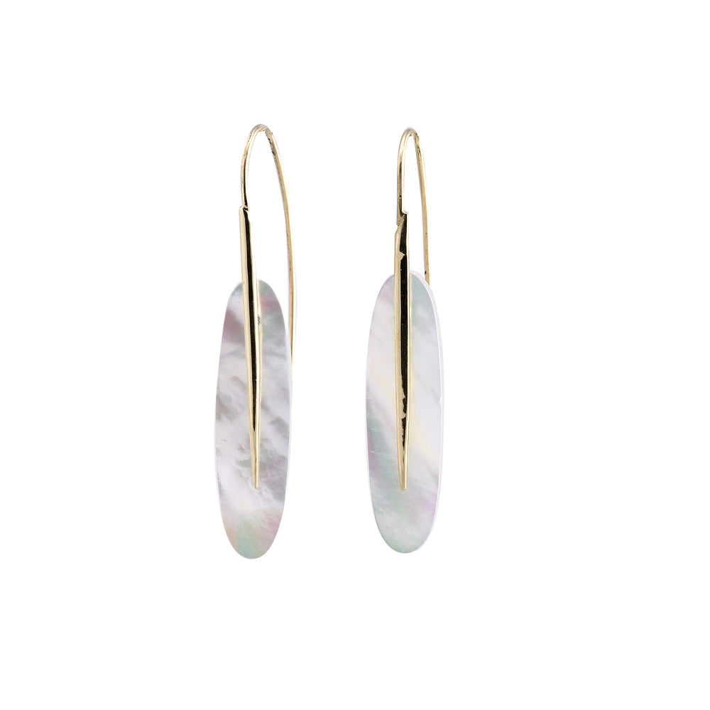 Front-facing view of Medium Feather Earrings with White Mother of Pearl by Rachel Atherley