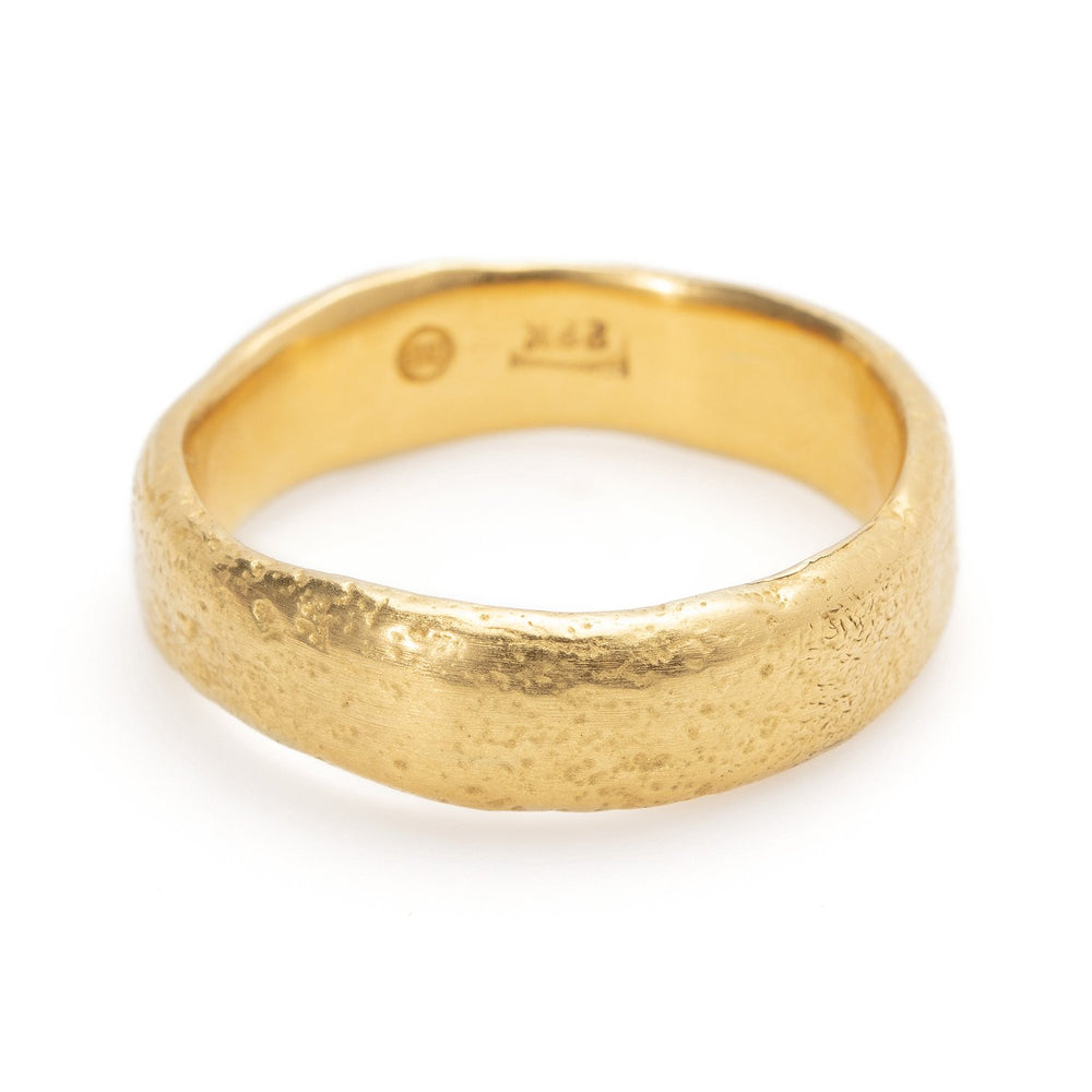 Front-facing view of Wide Molten Band in yellow gold by Betsy Barron Jewellery