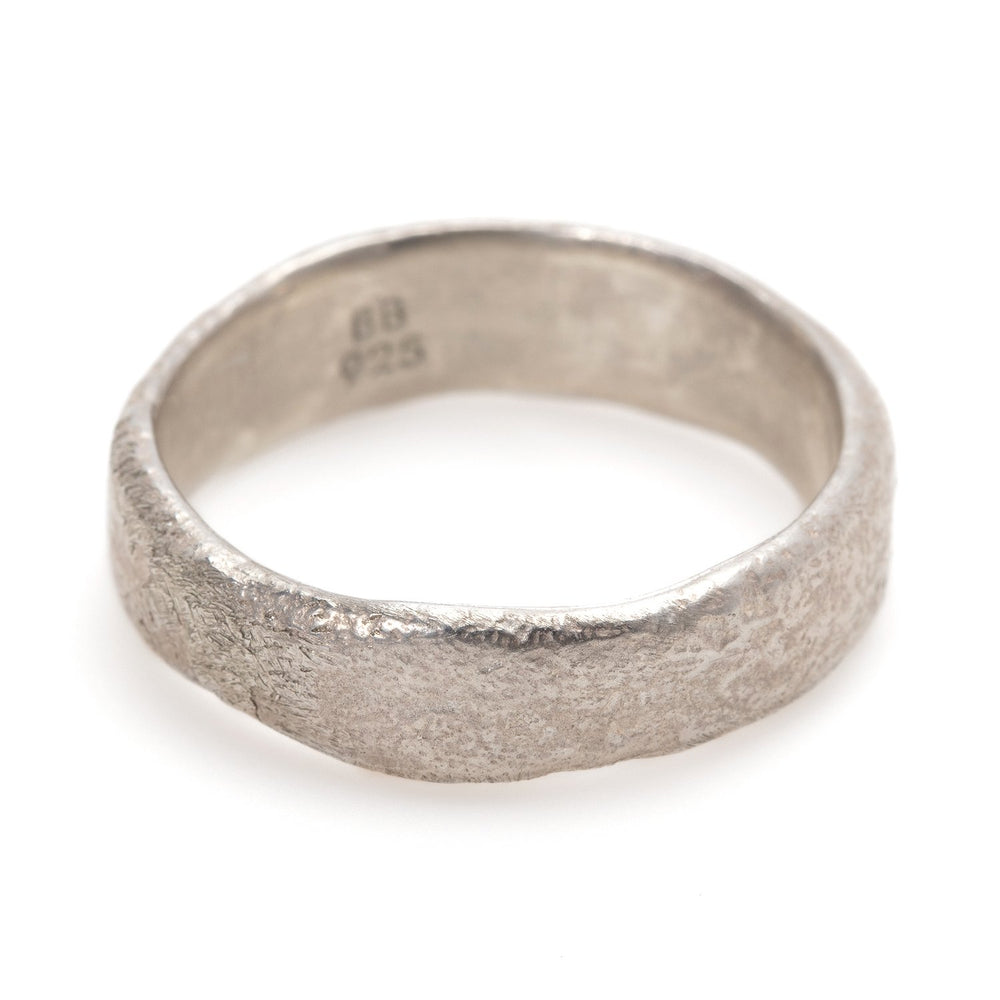 Front-facing view of Wide Molten Band in sterling silver by Betsy Barron Jewellery