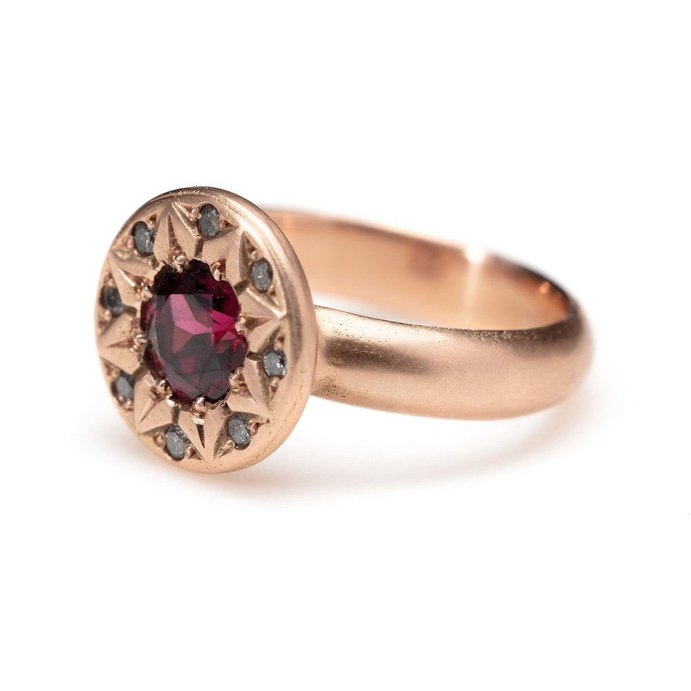 Ancient Flower Ring by Betsy Barron in 14k rose gold with spinel and diamonds