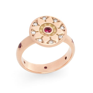 Ancient Flower Ring in 14k rose gold with diamonds and rubies by Betsy Barron