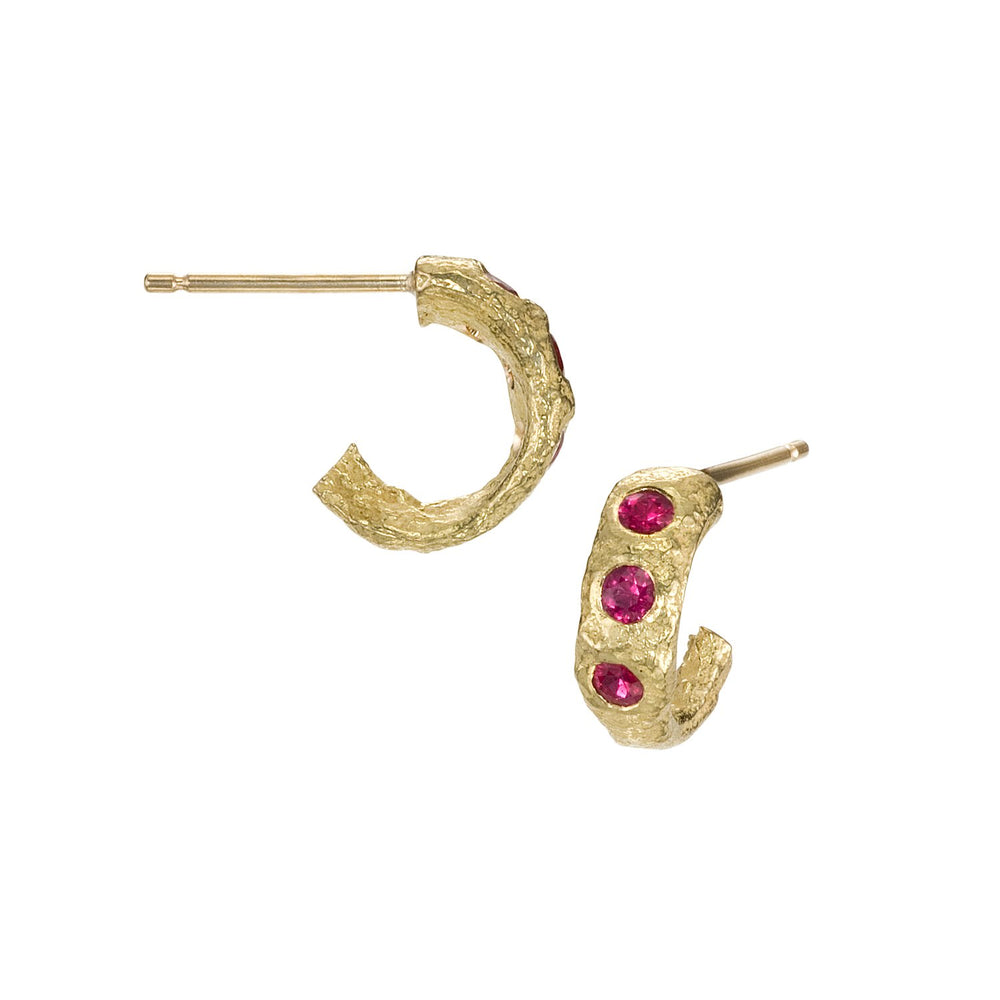 Angled view of Small Molten Hoop earrings with rubies by Betsy Barron Jewellery